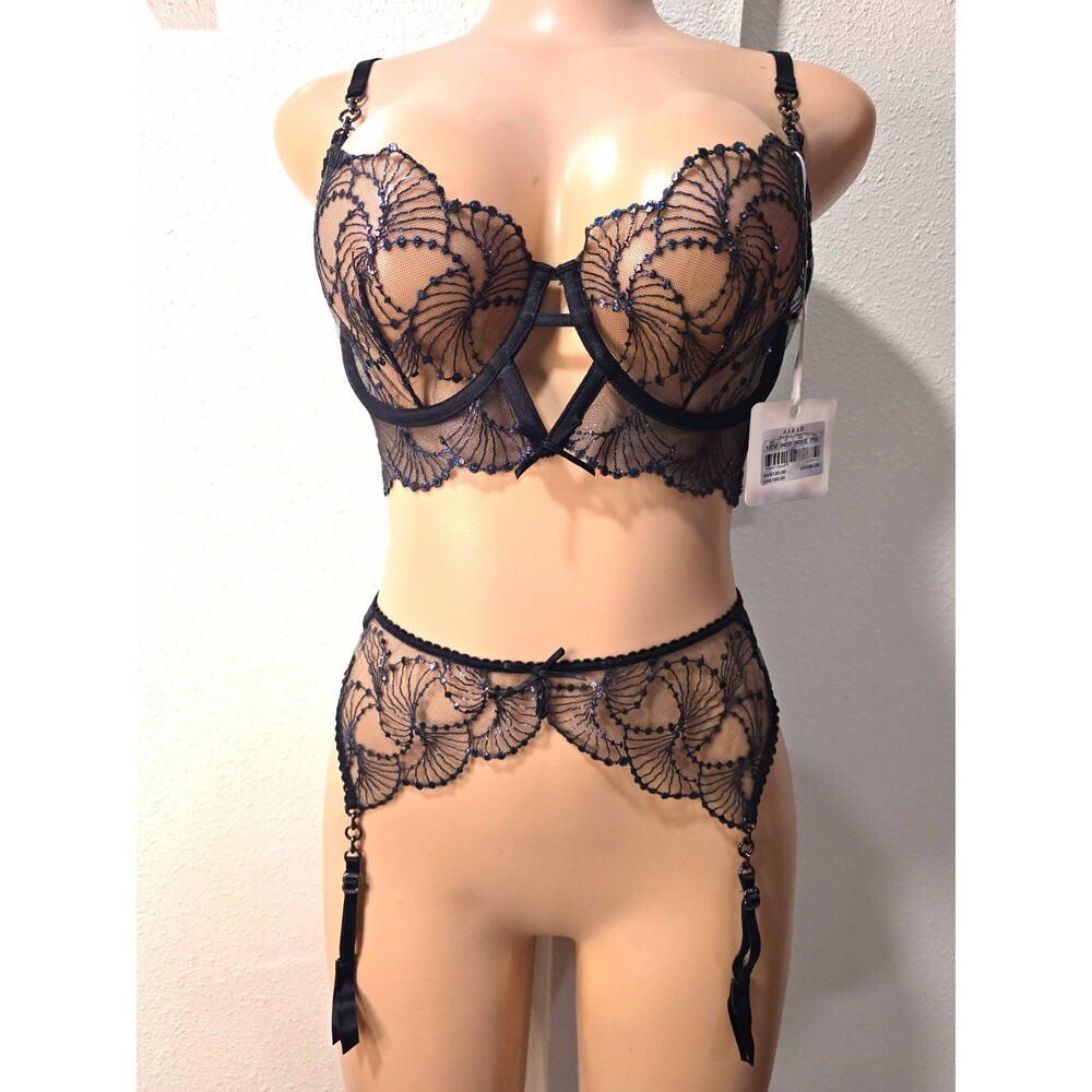 SARAH Black Lace Sheer Underwired Balconette Bra Set w/ Garter Straps 34DD